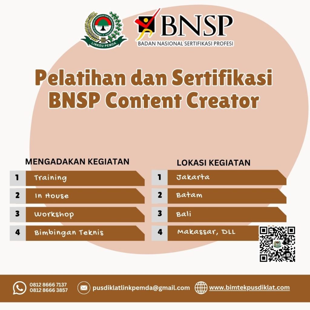 Ikuti Pelatihan dan Sertifikasi BNSP Content Creator Tahun 2026 untuk meningkatkan kompetensi pembuatan konten digital kreatif dan memperoleh sertifikasi BNSP.