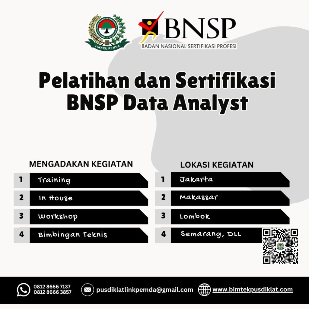 Ikuti Pelatihan dan Sertifikasi BNSP Data Analyst Tahun 2026 untuk meningkatkan kompetensi analisis data profesional dan memperoleh sertifikasi BNSP.