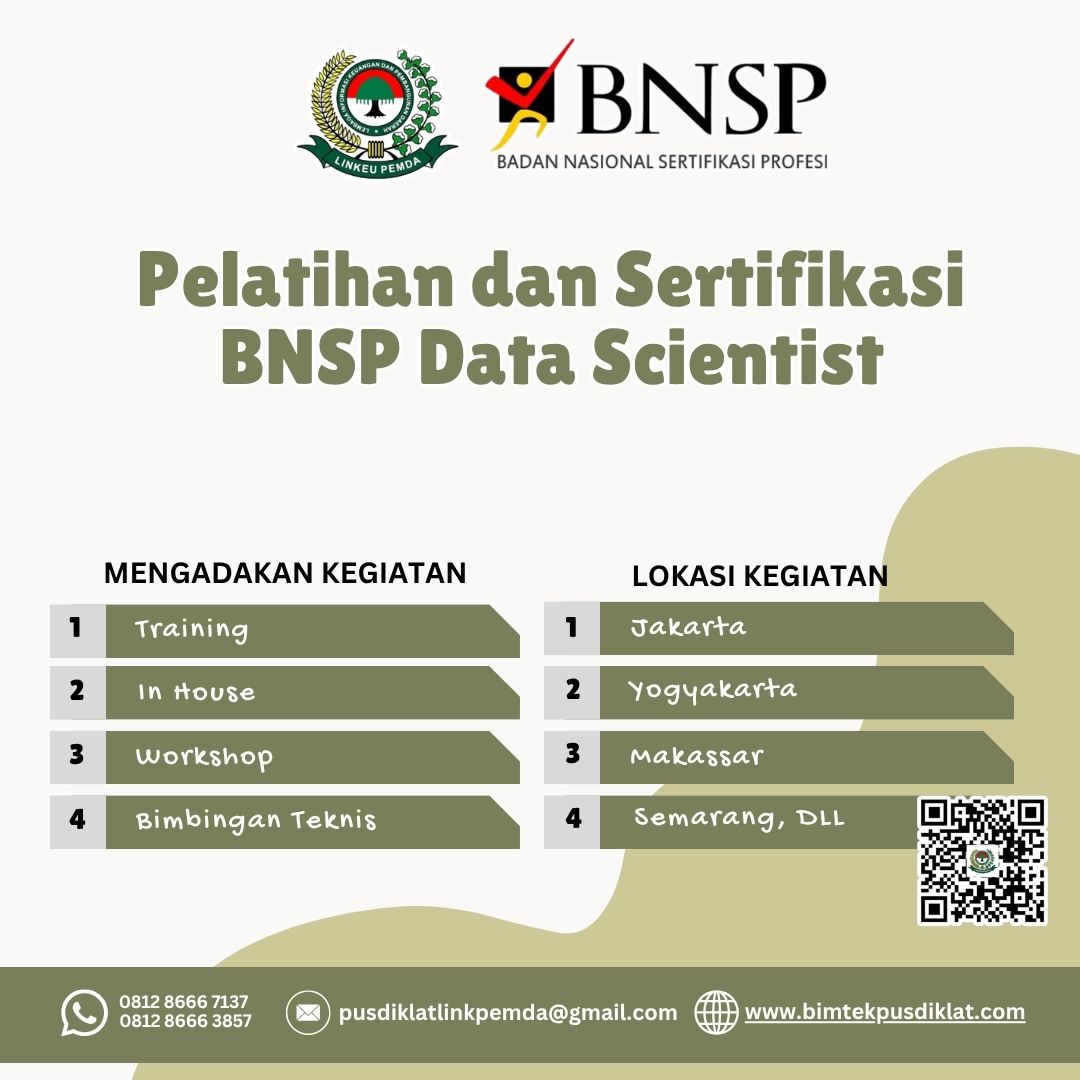 Ikuti Pelatihan dan Sertifikasi BNSP Data Scientist Tahun 2026 untuk meningkatkan kompetensi data science profesional dan memperoleh sertifikasi BNSP.
